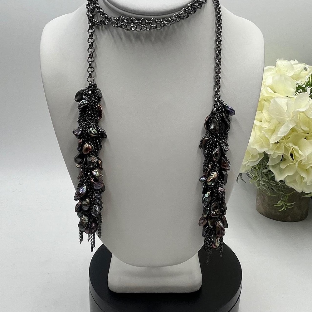 Myrna‎ Halpern Designer Peacock Baroque Pearl Scarf Gunmetal Lariat Necklace